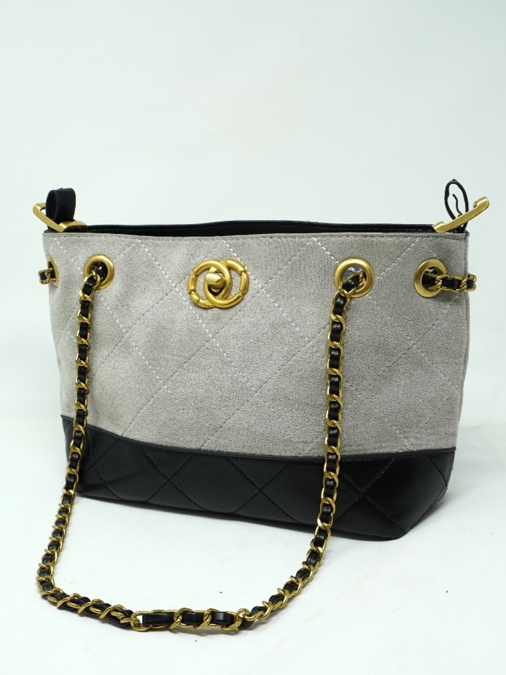 Grey and Black Faux Suede Leather Chain Shoulder Bag Basket Bag